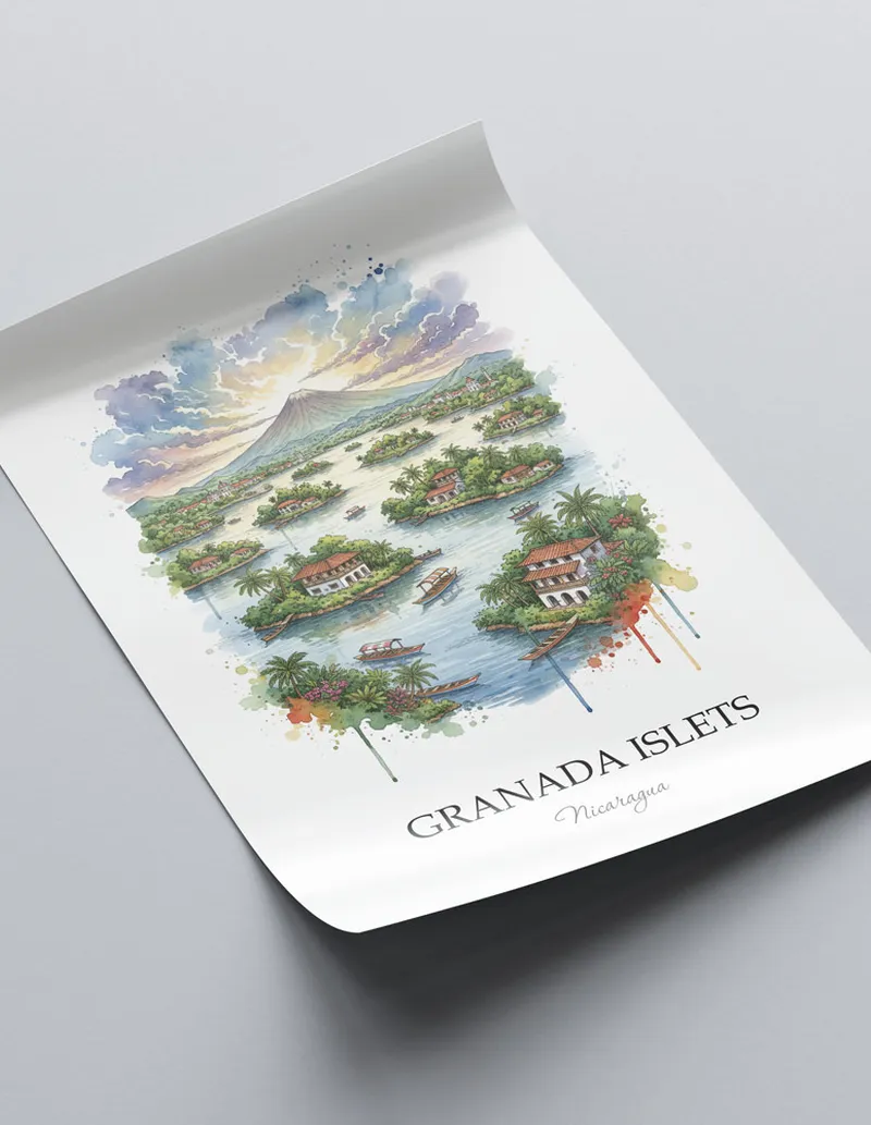 A lovely interior preview showcasing a vintage-vibe travel poster design of the scenic Granada Islets in Nicaragua.