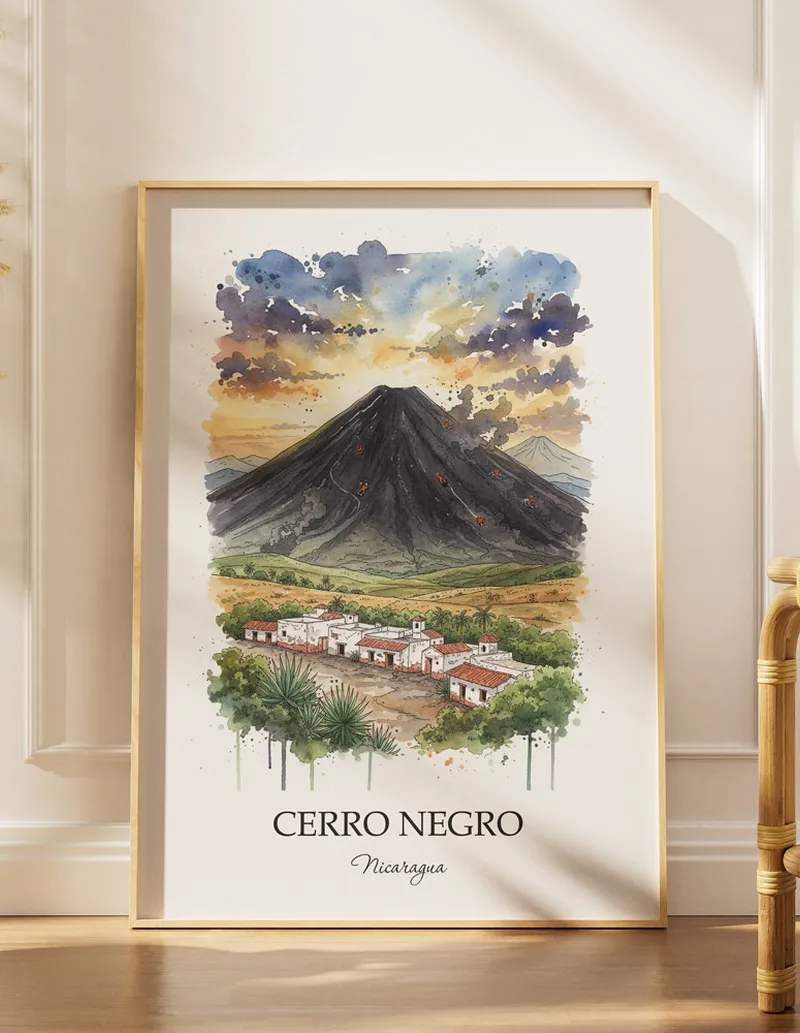 Minimalist poster of Cerro Negro in Nicaragua in a light frame standing by a window in a boho style room.