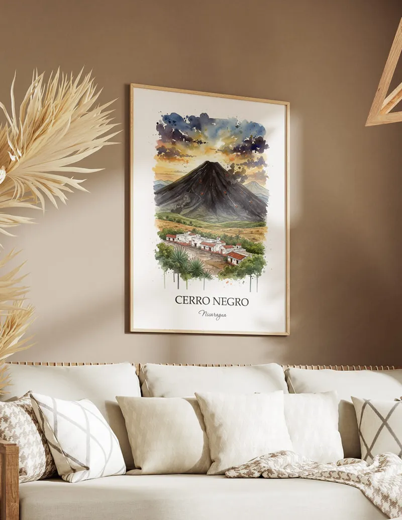 A clean and modern mockup showing a framed Cerro Negro, Nicaragua print on a minimalist background.