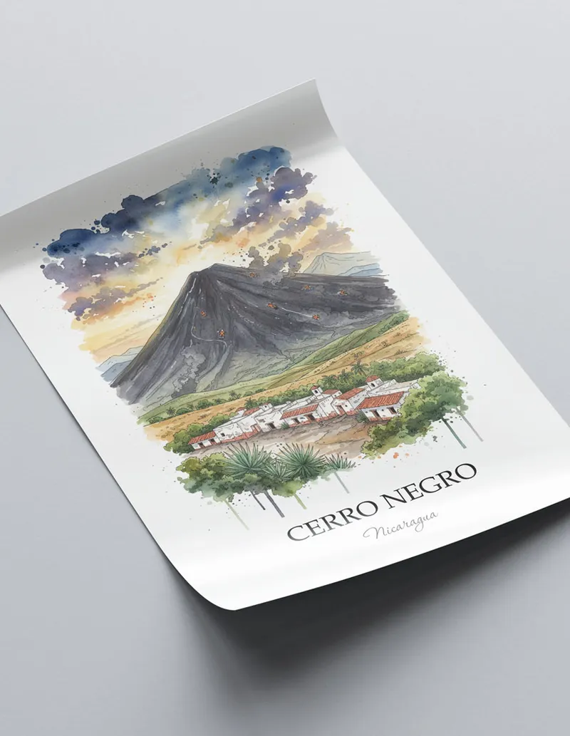 A lovely interior preview showcasing a vintage-vibe travel poster design of the scenic Cerro Negro in Nicaragua.