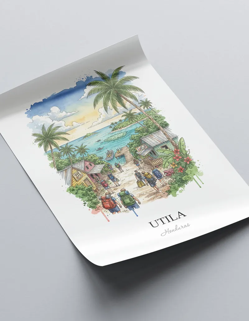 A lovely interior preview showcasing a vintage-vibe travel poster design of the scenic Utila in Honduras.
