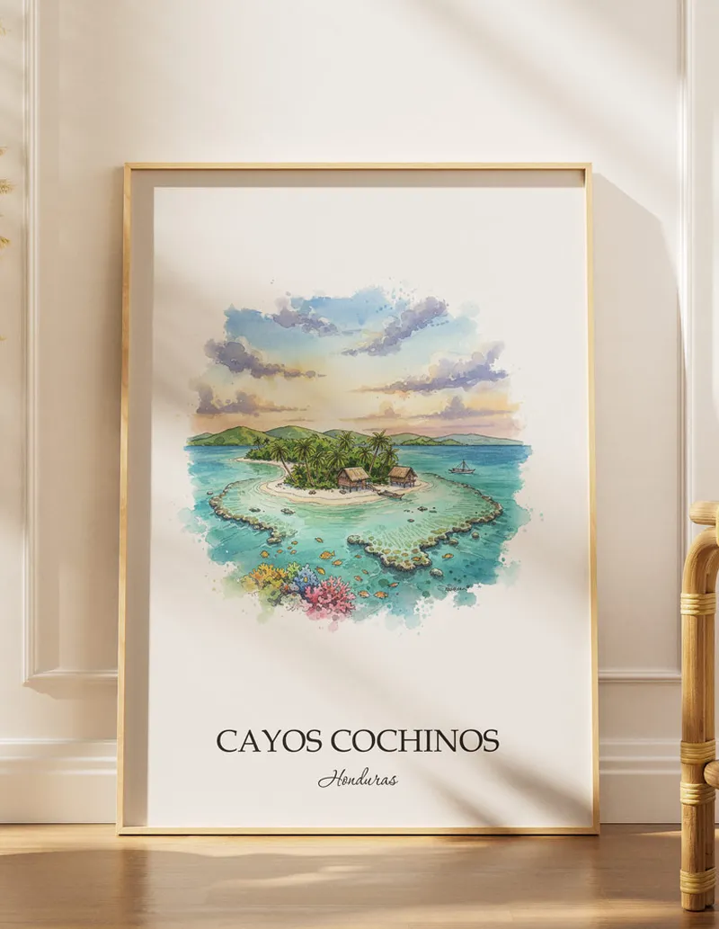 Minimalist poster of Cayos Cochinos in Honduras in a light frame standing by a window in a boho style room.