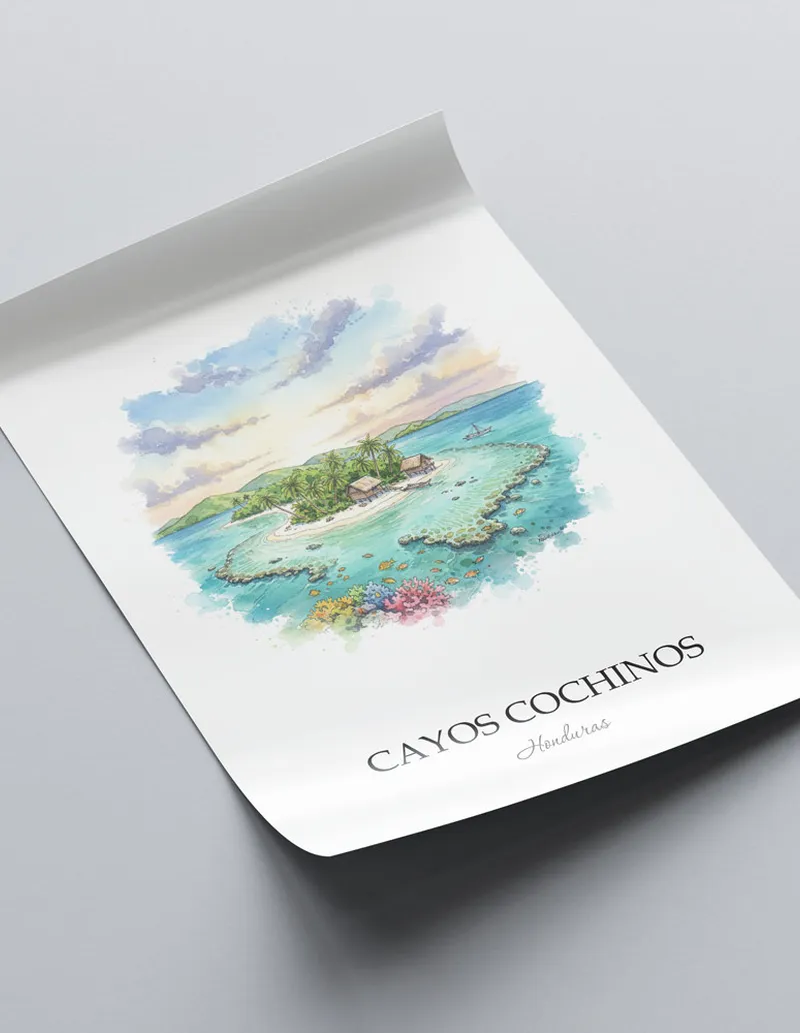A lovely interior preview showcasing a vintage-vibe travel poster design of the scenic Cayos Cochinos in Honduras.