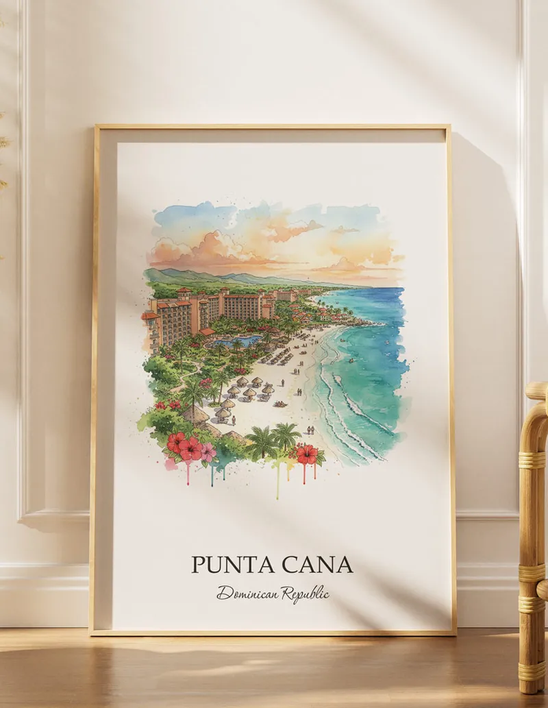 Minimalist poster of Punta Cana in Dominican Republic in a light frame standing by a window in a boho style room.