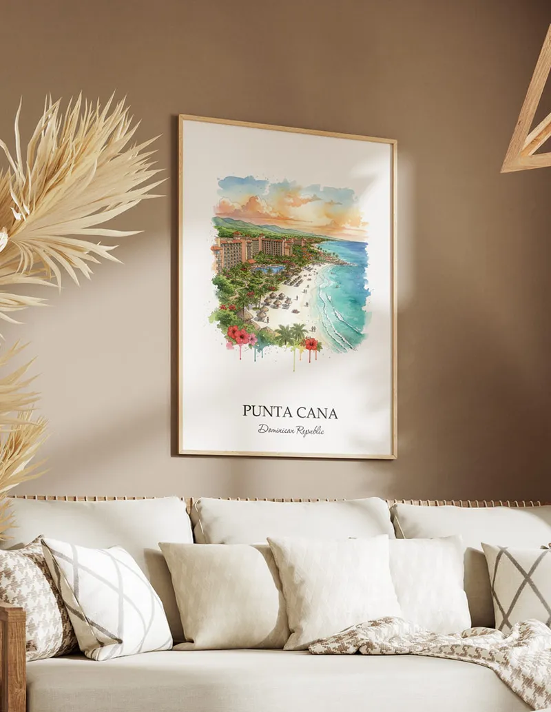 A clean and modern mockup showing a framed Punta Cana, Dominican Republic print on a minimalist background.