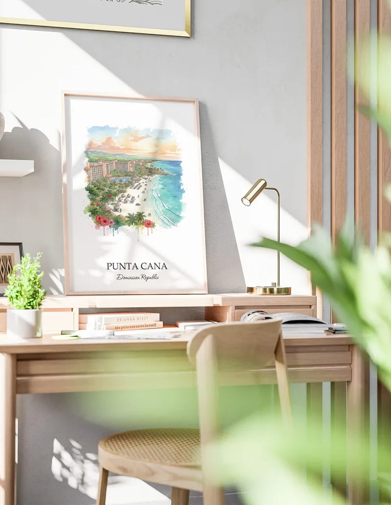 Framed wall art featuring Punta Cana in Dominican Republic in a light wood frame leaning on the floor.