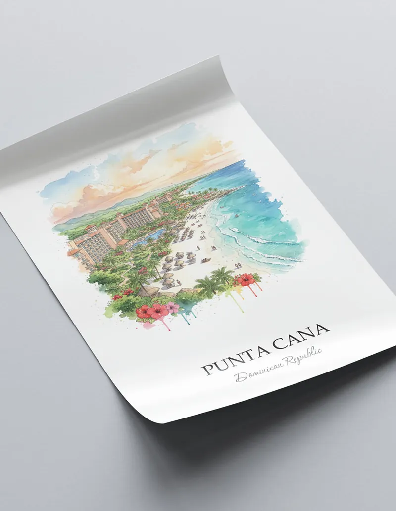 A lovely interior preview showcasing a vintage-vibe travel poster design of the scenic Punta Cana in Dominican Republic.