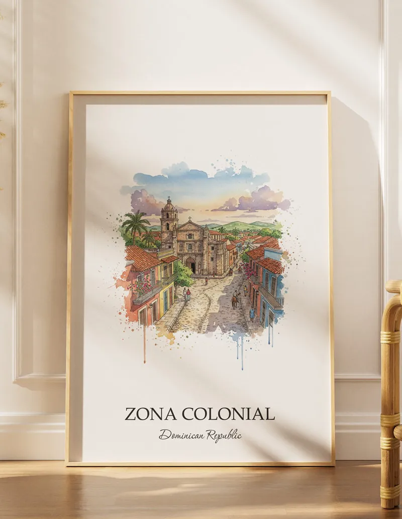 Minimalist poster of Zona Colonial in Dominican Republic in a light frame standing by a window in a boho style room.