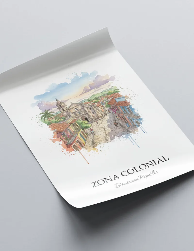 A lovely interior preview showcasing a vintage-vibe travel poster design of the scenic Zona Colonial in Dominican Republic.