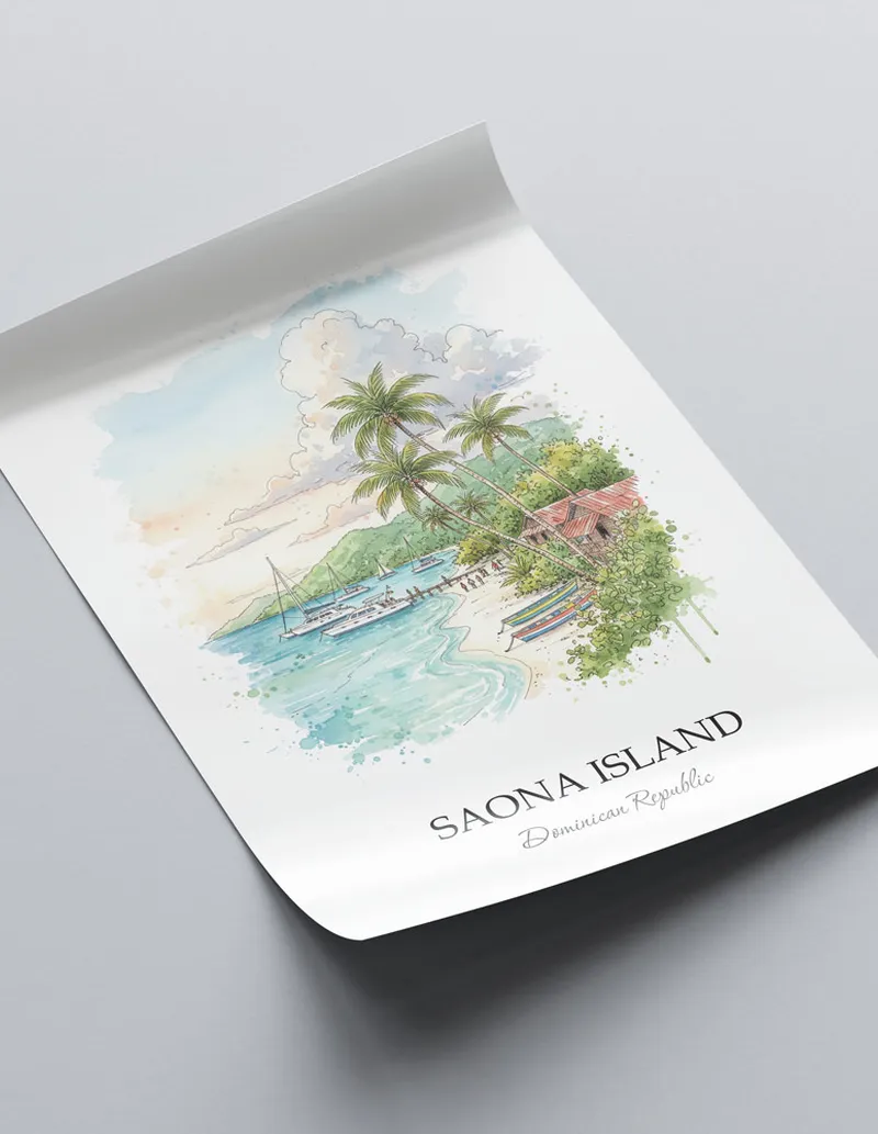 A lovely interior preview showcasing a vintage-vibe travel poster design of the scenic Saona Island in Dominican Republic.