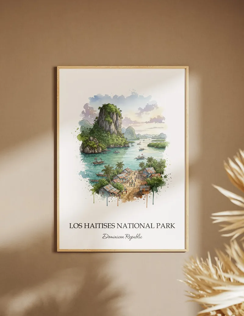 Minimalist poster of Los Haitises National Park in Dominican Republic in a light frame standing on the floor in a dark moody interior.