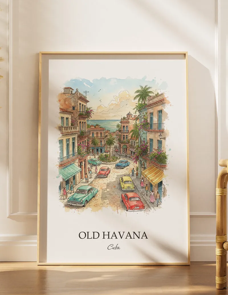 Minimalist poster of Old Havana in Cuba in a light frame standing by a window in a boho style room.