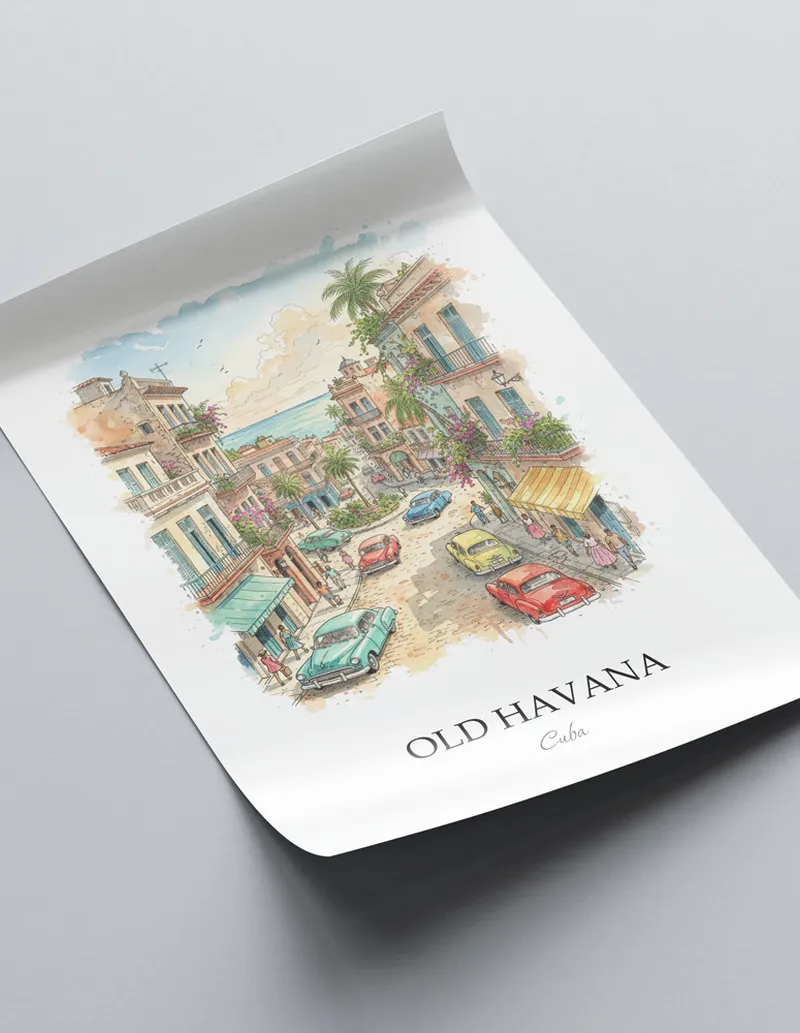 A lovely interior preview showcasing a vintage-vibe travel poster design of the scenic Old Havana in Cuba.