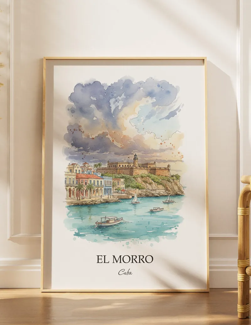 Minimalist poster of El Morro in Cuba in a light frame standing by a window in a boho style room.