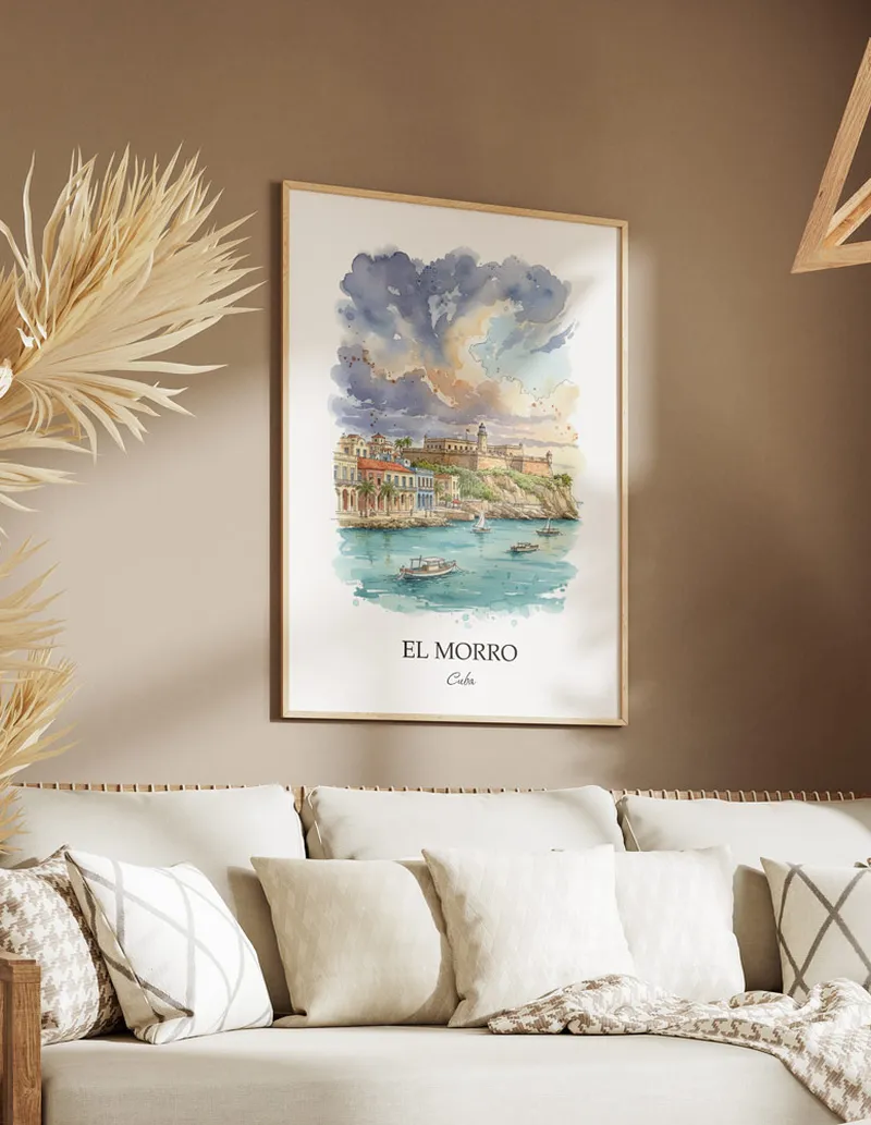A clean and modern mockup showing a framed El Morro, Cuba print on a minimalist background.