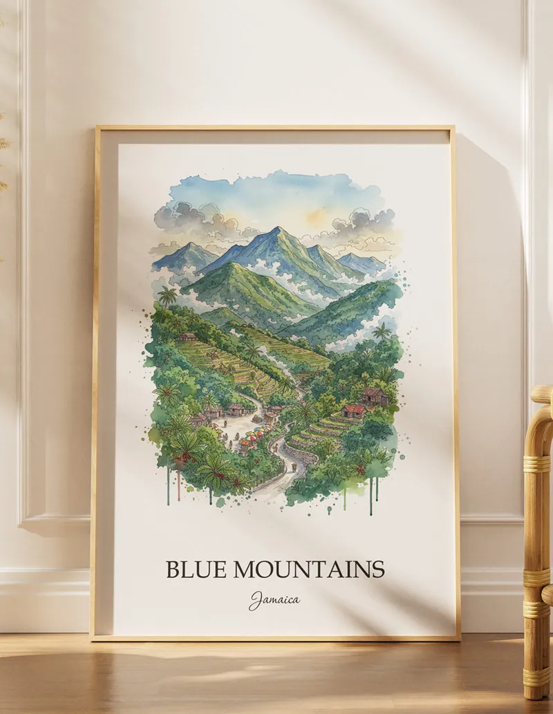 Minimalist poster of Blue Mountains in Jamaica in a light frame standing by a window in a boho style room.