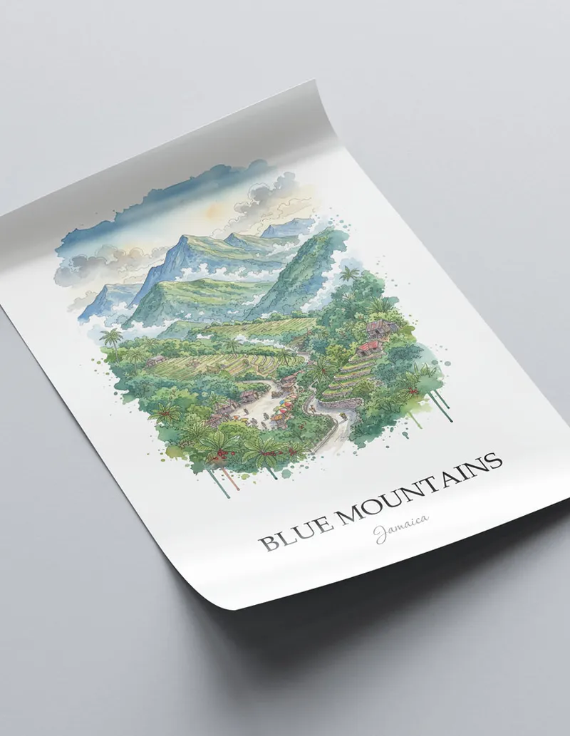A lovely interior preview showcasing a vintage-vibe travel poster design of the scenic Blue Mountains in Jamaica.
