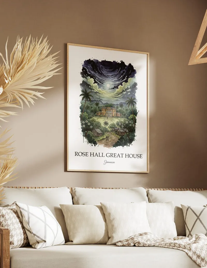 A clean and modern mockup showing a framed Rose Hall Great House, Jamaica print on a minimalist background.
