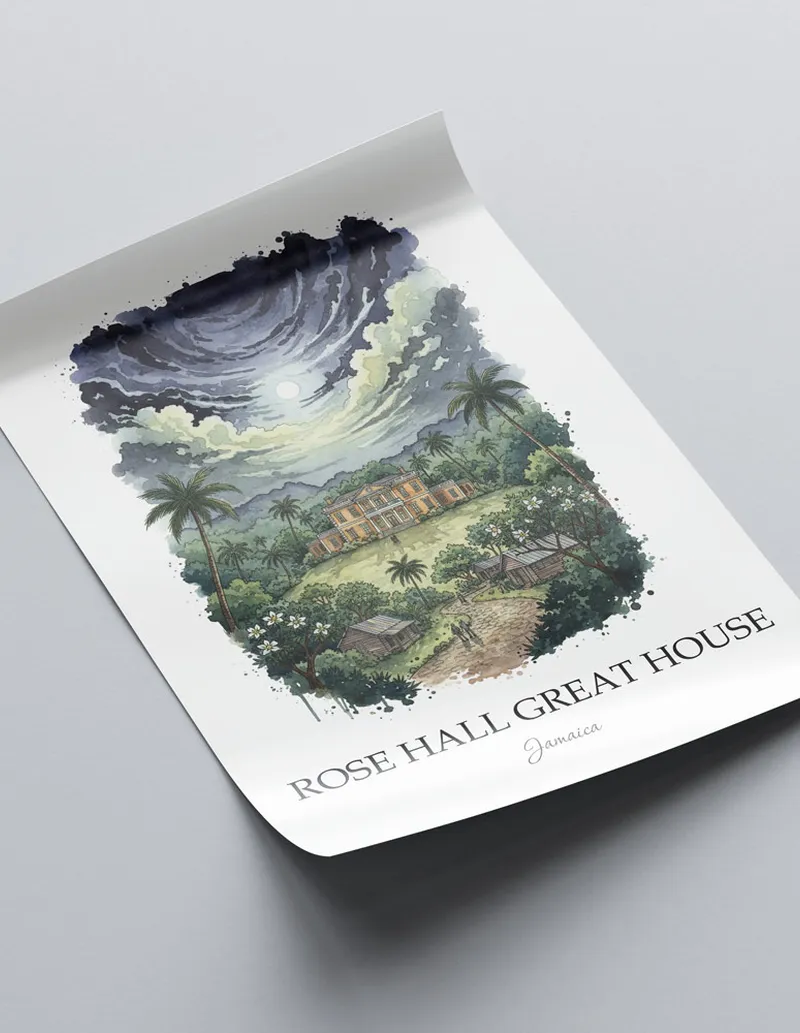 A lovely interior preview showcasing a vintage-vibe travel poster design of the scenic Rose Hall Great House in Jamaica.