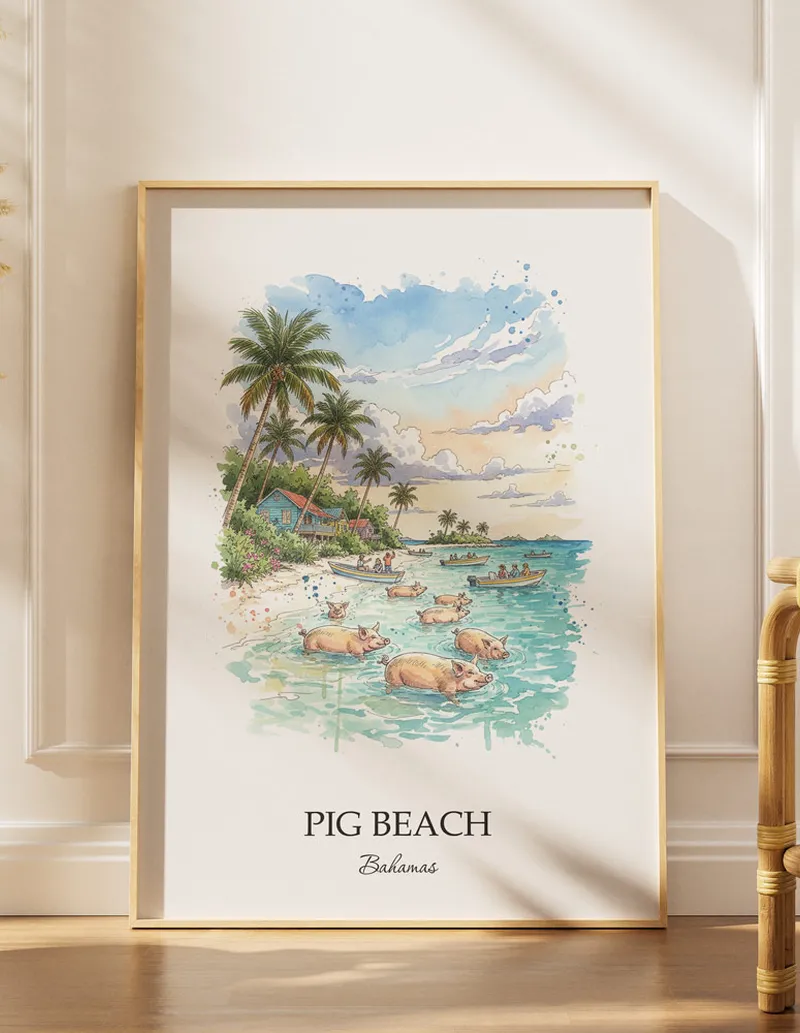 Minimalist poster of Pig Beach in Bahamas in a light frame standing by a window in a boho style room.
