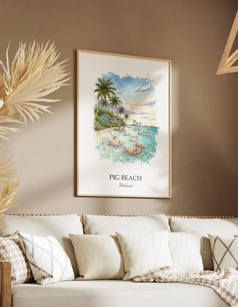 A clean and modern mockup showing a framed Pig Beach, Bahamas print on a minimalist background.