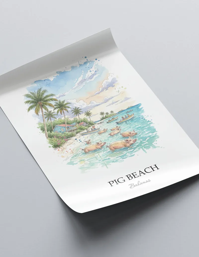 A lovely interior preview showcasing a vintage-vibe travel poster design of the scenic Pig Beach in Bahamas.
