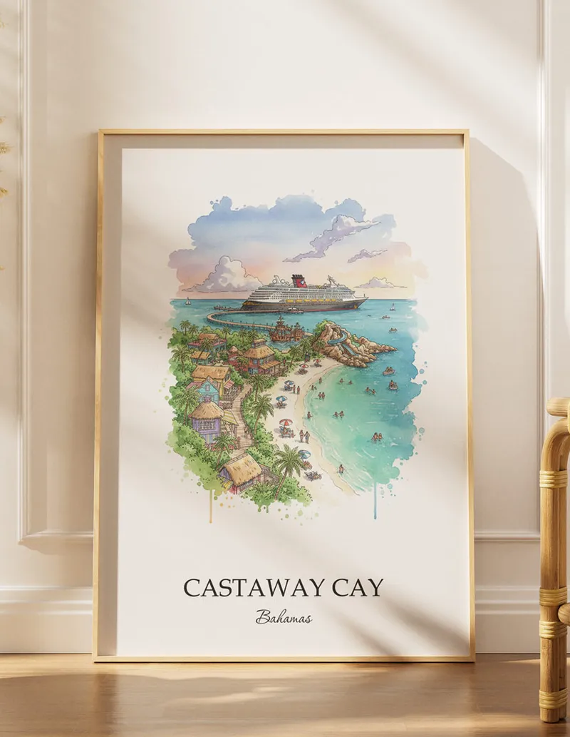 Minimalist poster of Castaway Cay in Bahamas in a light frame standing by a window in a boho style room.