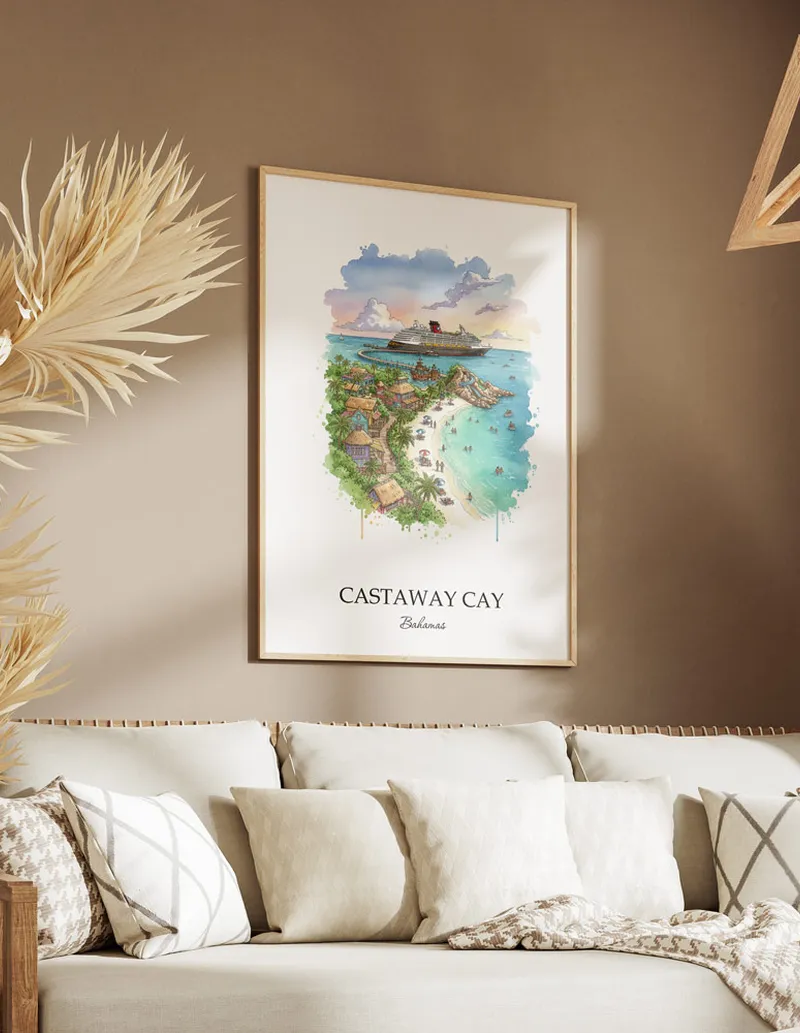 A clean and modern mockup showing a framed Castaway Cay, Bahamas print on a minimalist background.