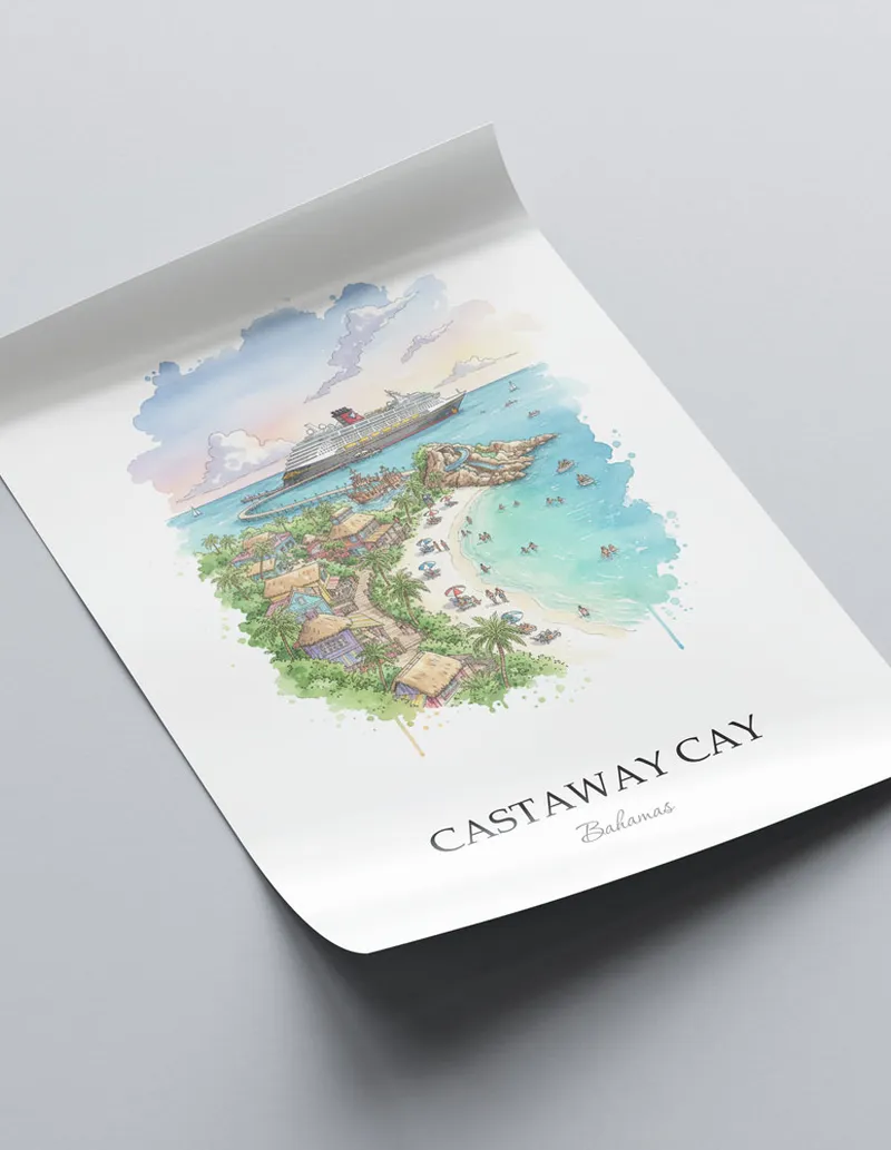 A lovely interior preview showcasing a vintage-vibe travel poster design of the scenic Castaway Cay in Bahamas.