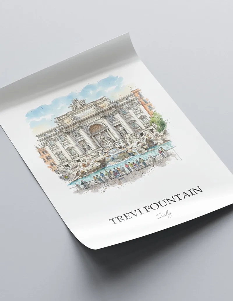 A close-up of a high-quality paper print featuring the Trevi Fountain in Italy minimalist design.