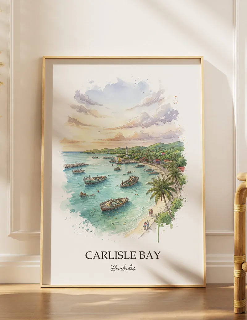 Minimalist poster of Carlisle Bay in Barbados in a light frame standing by a window in a boho style room.