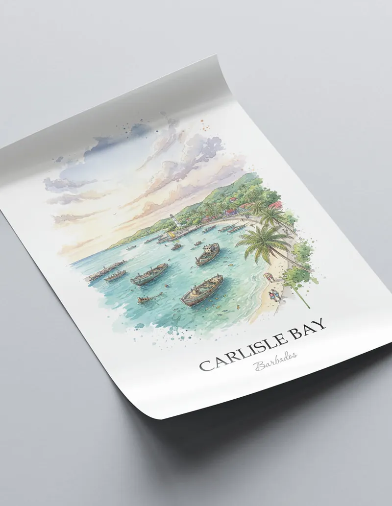 A lovely interior preview showcasing a vintage-vibe travel poster design of the scenic Carlisle Bay in Barbados.