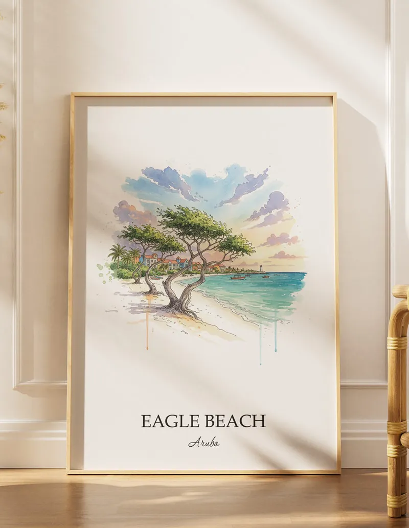 Minimalist poster of Eagle Beach in Aruba in a light frame standing by a window in a boho style room.