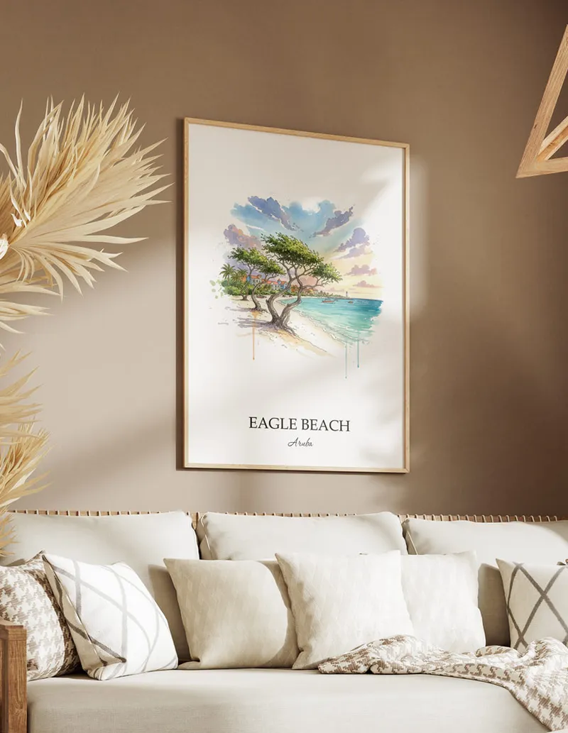 A clean and modern mockup showing a framed Eagle Beach, Aruba print on a minimalist background.