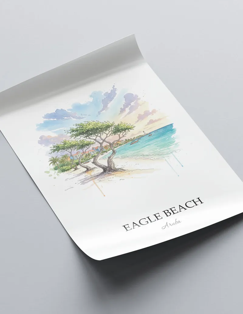 A lovely interior preview showcasing a vintage-vibe travel poster design of the scenic Eagle Beach in Aruba.