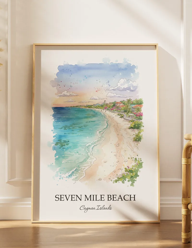 Minimalist poster of Seven Mile Beach in Cayman Islands in a light frame standing by a window in a boho style room.