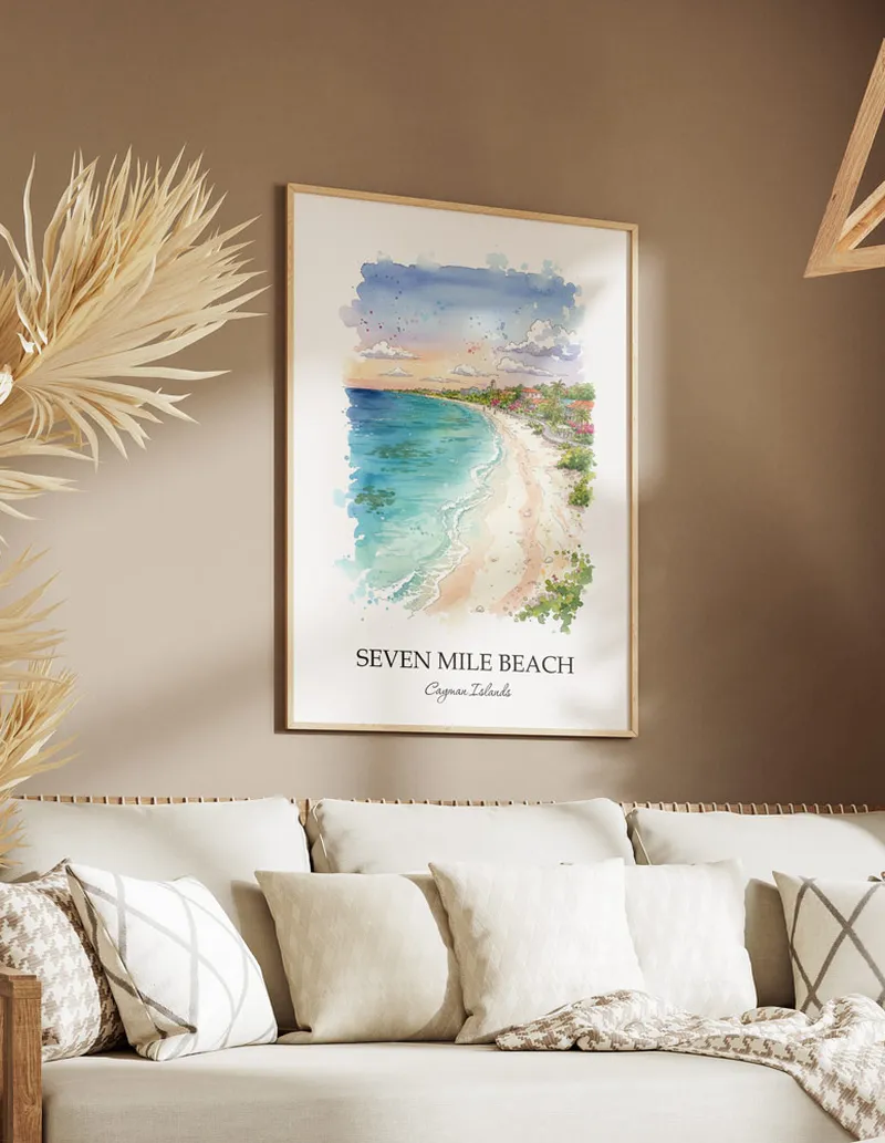 A clean and modern mockup showing a framed Seven Mile Beach, Cayman Islands print on a minimalist background.