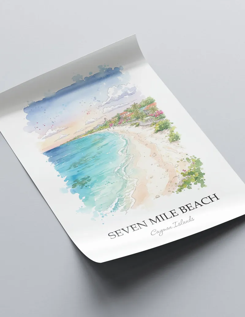 A lovely interior preview showcasing a vintage-vibe travel poster design of the scenic Seven Mile Beach in Cayman Islands.