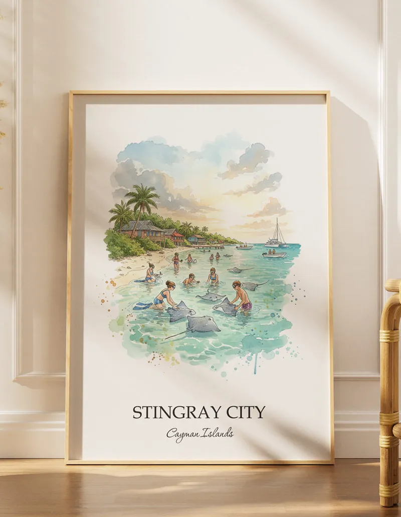 Minimalist poster of Stingray City in Cayman Islands in a light frame standing by a window in a boho style room.