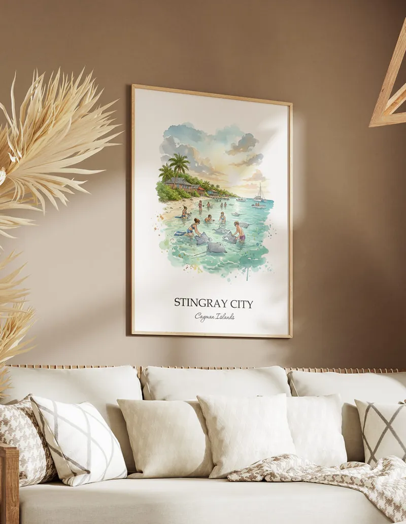 A clean and modern mockup showing a framed Stingray City, Cayman Islands print on a minimalist background.