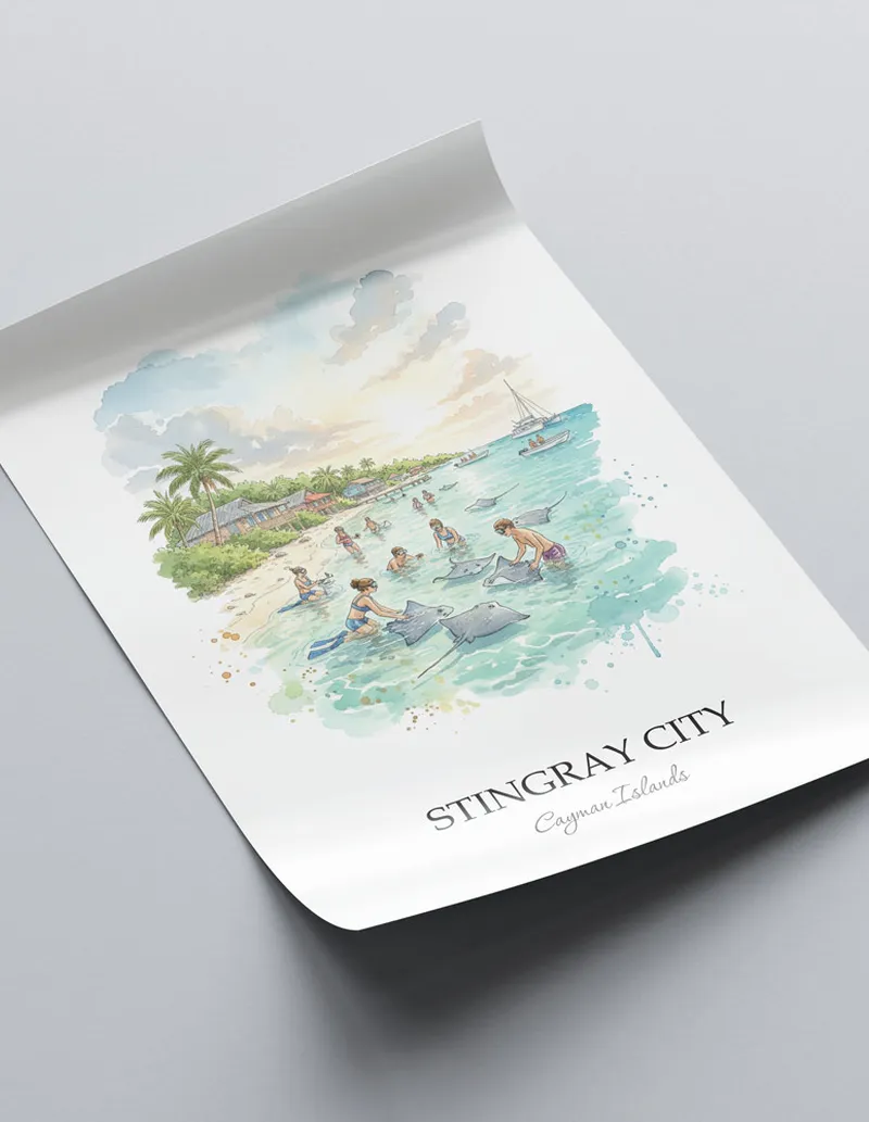A lovely interior preview showcasing a vintage-vibe travel poster design of the scenic Stingray City in Cayman Islands.
