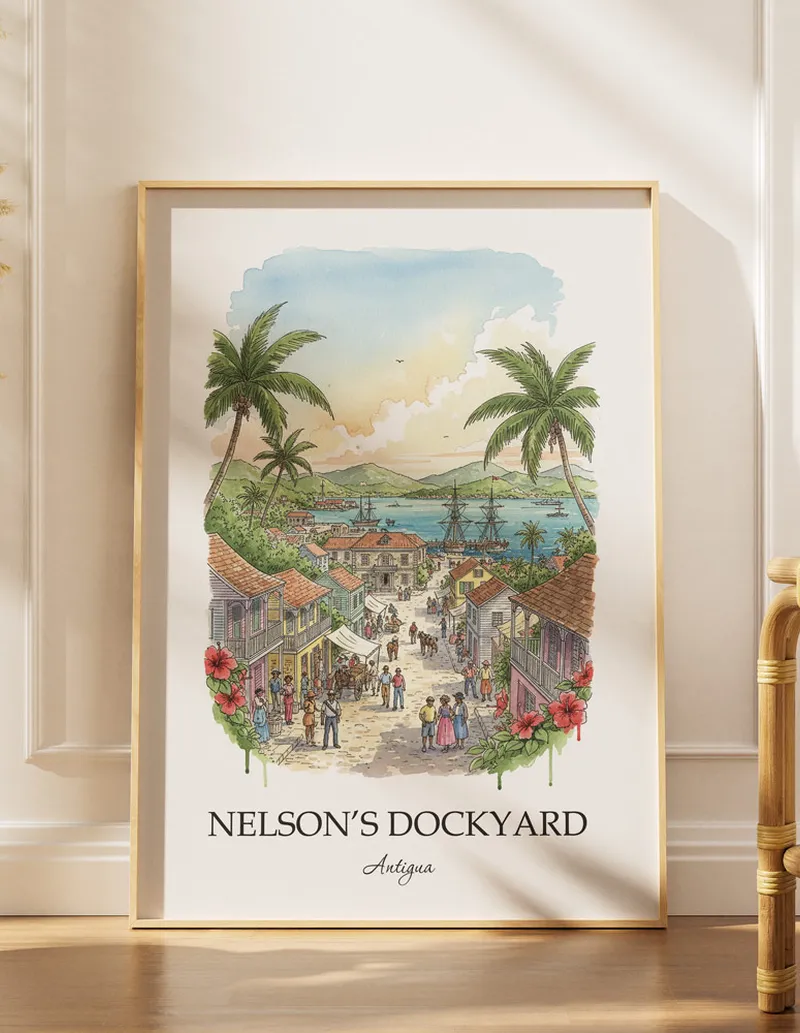 Minimalist poster of Nelson's Dockyard in Antigua in a light frame standing by a window in a boho style room.