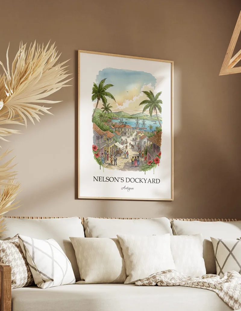A clean and modern mockup showing a framed Nelson's Dockyard, Antigua print on a minimalist background.