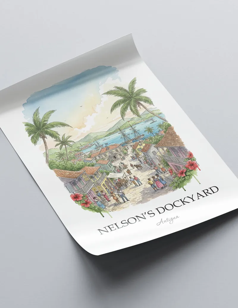 A lovely interior preview showcasing a vintage-vibe travel poster design of the scenic Nelson's Dockyard in Antigua.