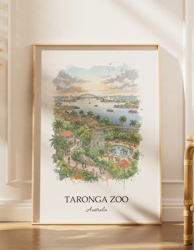 Minimalist poster of Taronga Zoo in Australia in a light frame standing by a window in a boho style room.