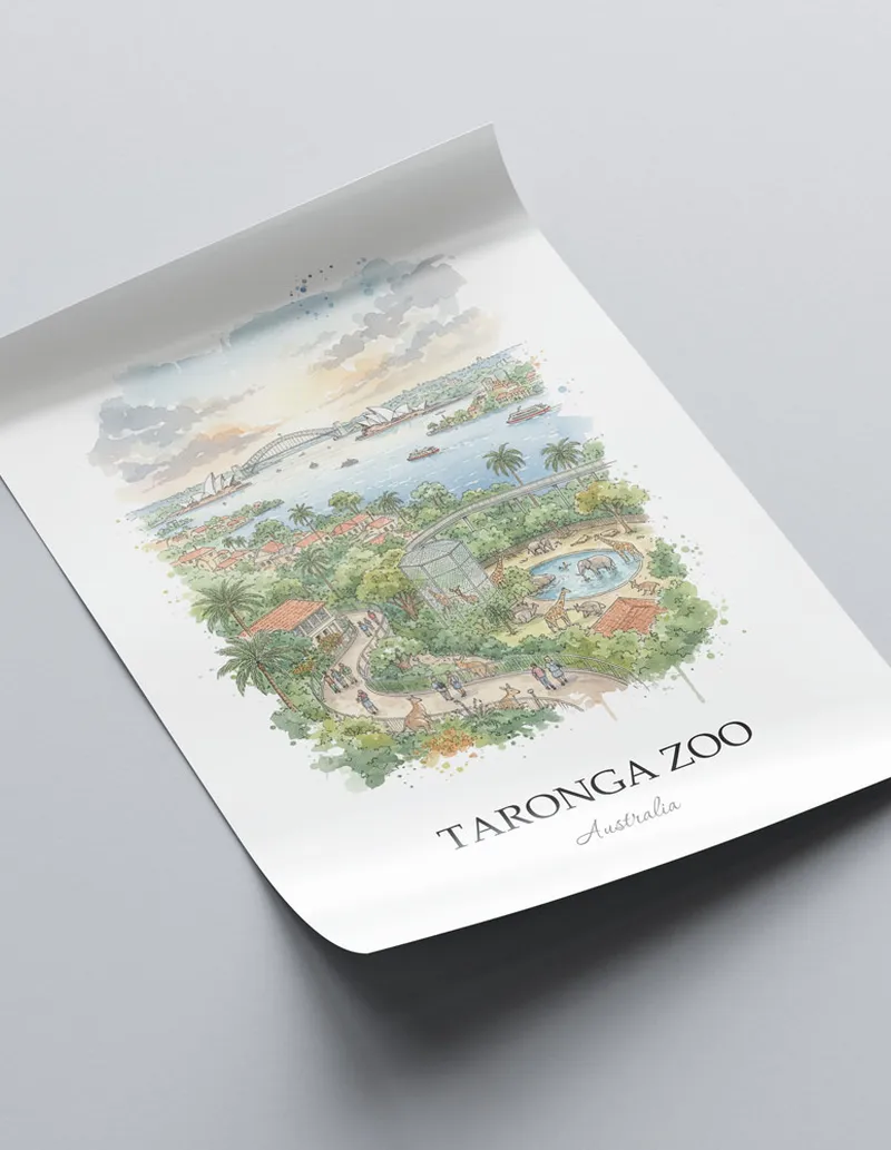 A lovely interior preview showcasing a vintage-vibe travel poster design of the scenic Taronga Zoo in Australia.