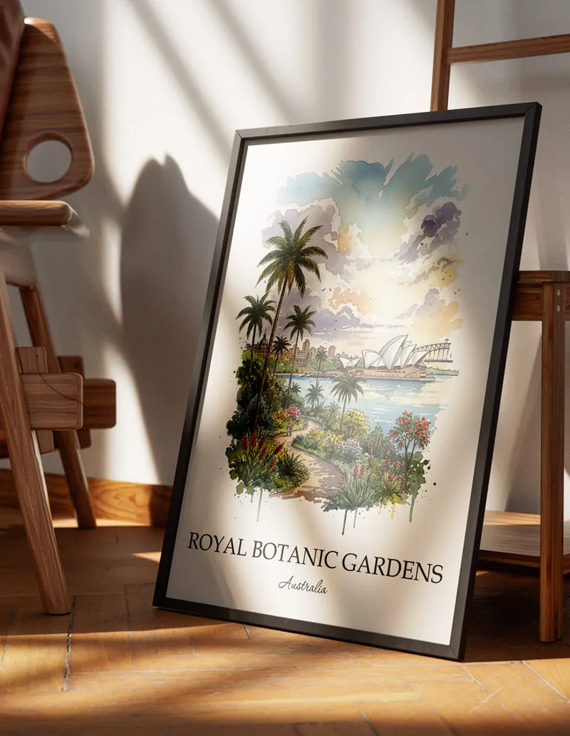 Framed wall art featuring Royal Botanic Gardens, Australia in a light wood frame hanging above a sofa in a modern living room.