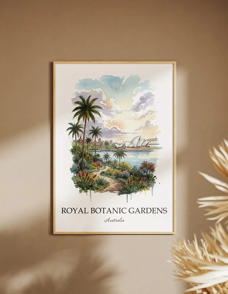 Minimalist poster of Royal Botanic Gardens in Australia in a light frame standing on the floor in a dark moody interior.