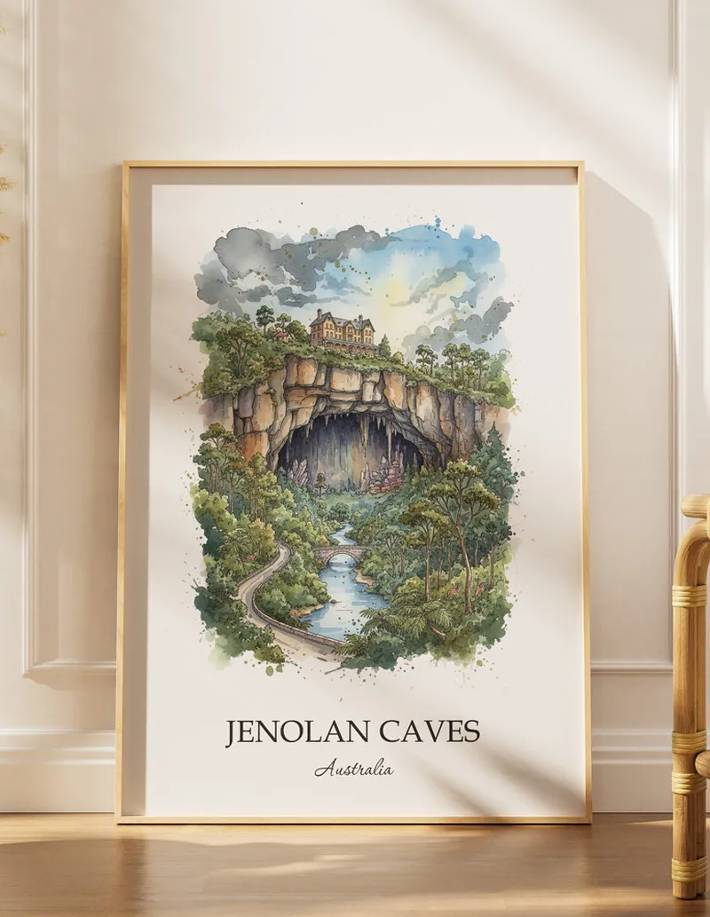 Minimalist poster of Jenolan Caves in Australia in a light frame standing by a window in a boho style room.