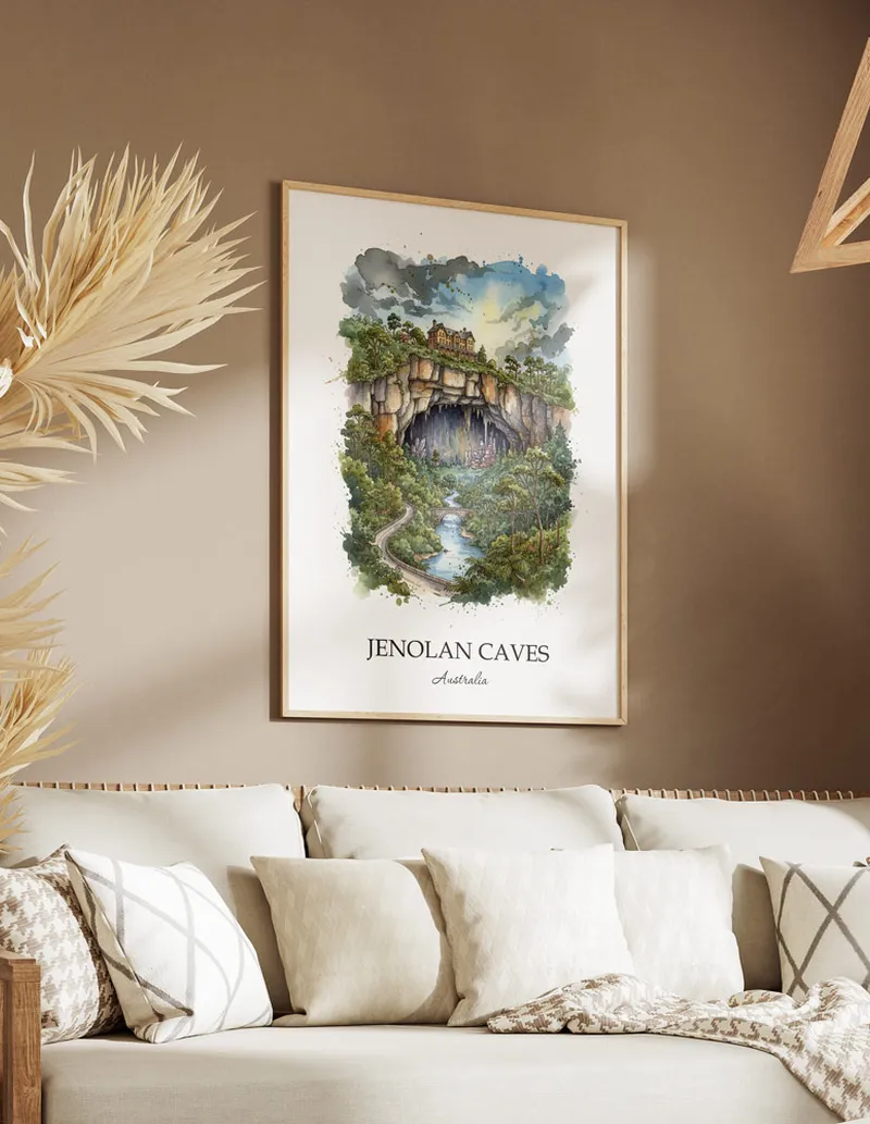 A clean and modern mockup showing a framed Jenolan Caves, Australia print on a minimalist background.